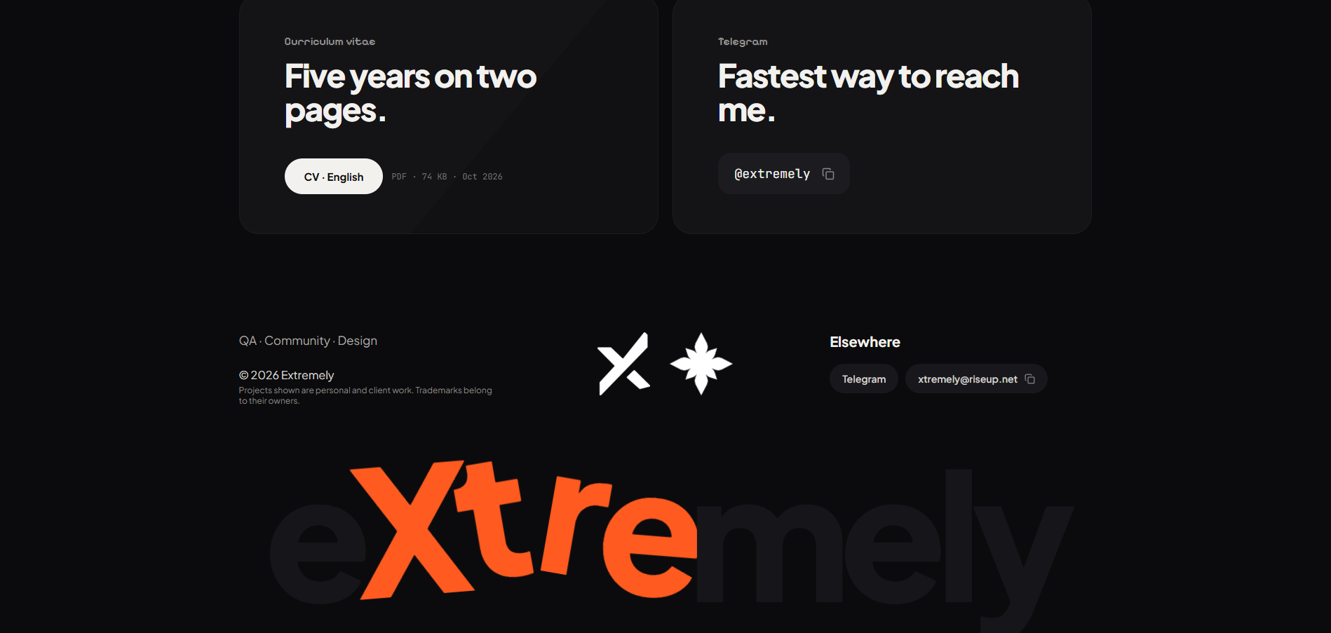 CV download and contact cards above the oversized wordmark footer