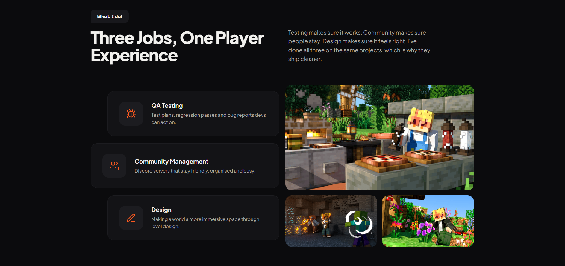 The "What I do" section with three disciplines next to in-game screenshots