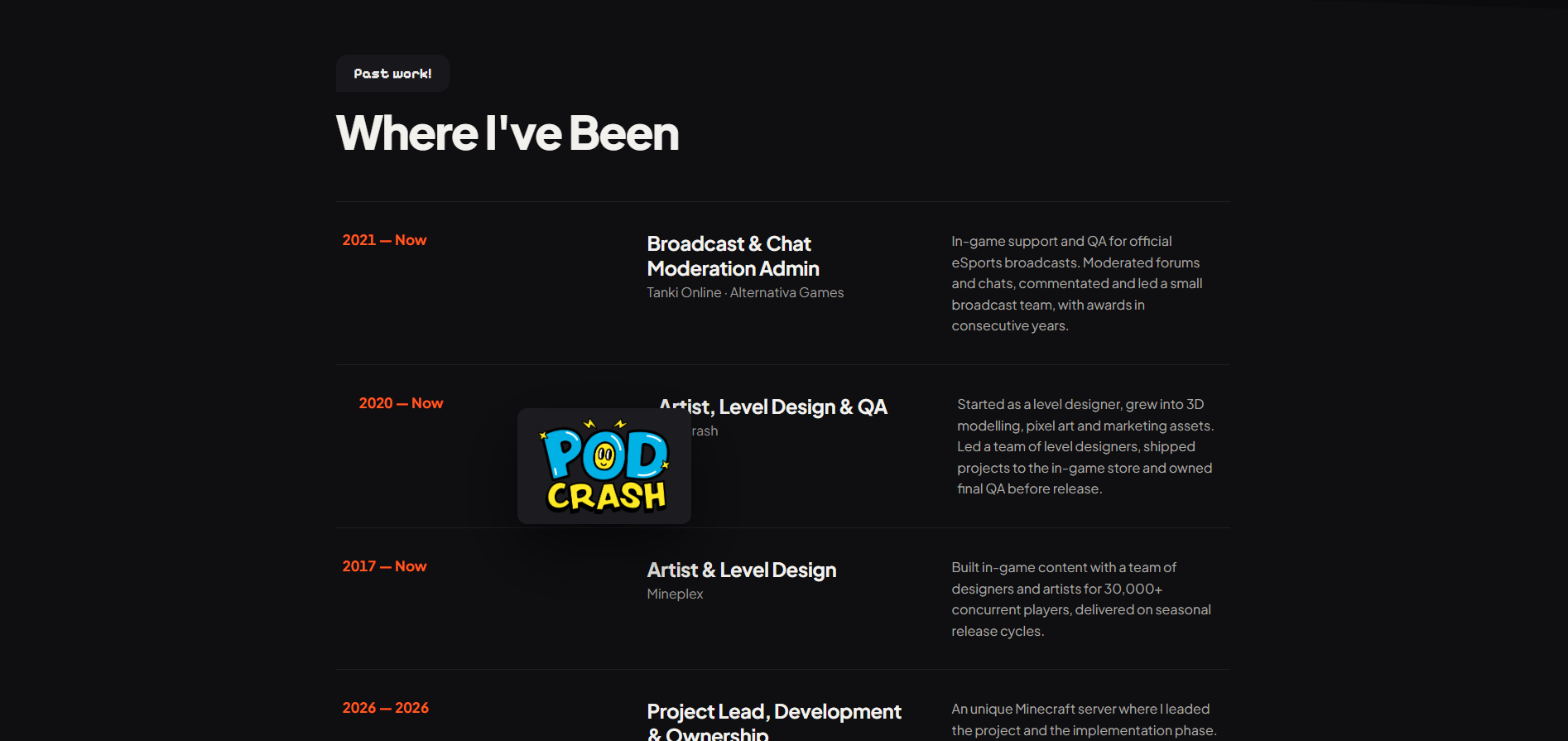 Career timeline with a floating preview over one of the rows