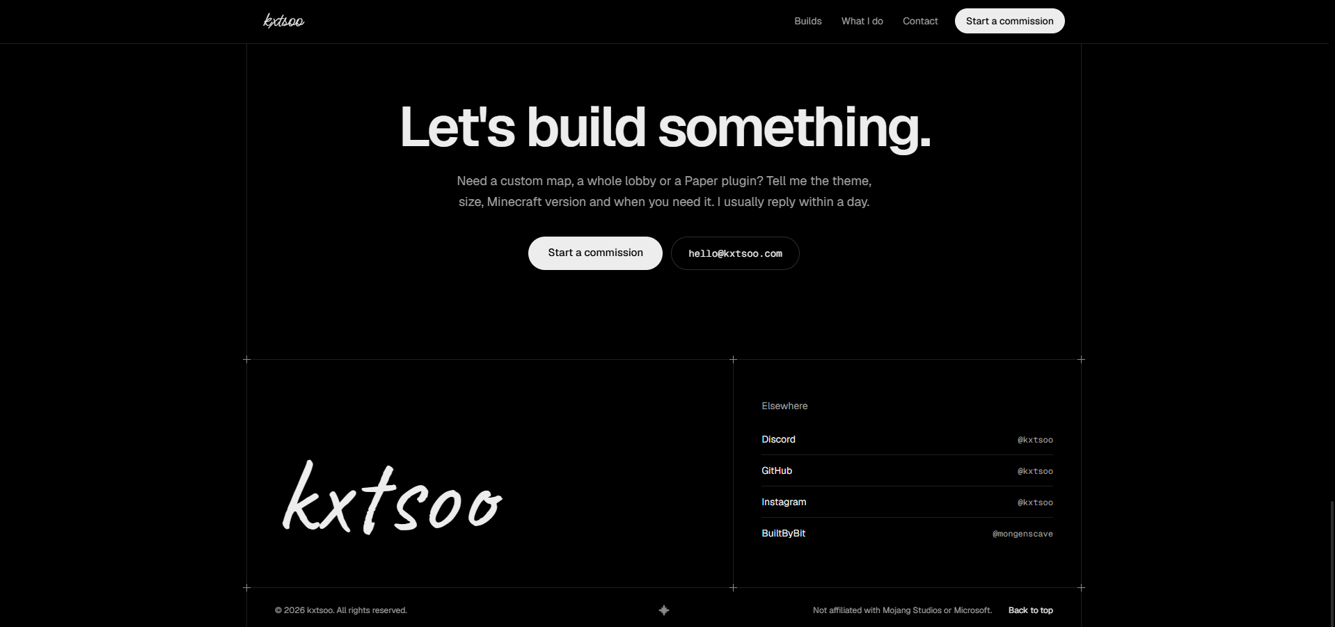 Contact section with commission button and social links
