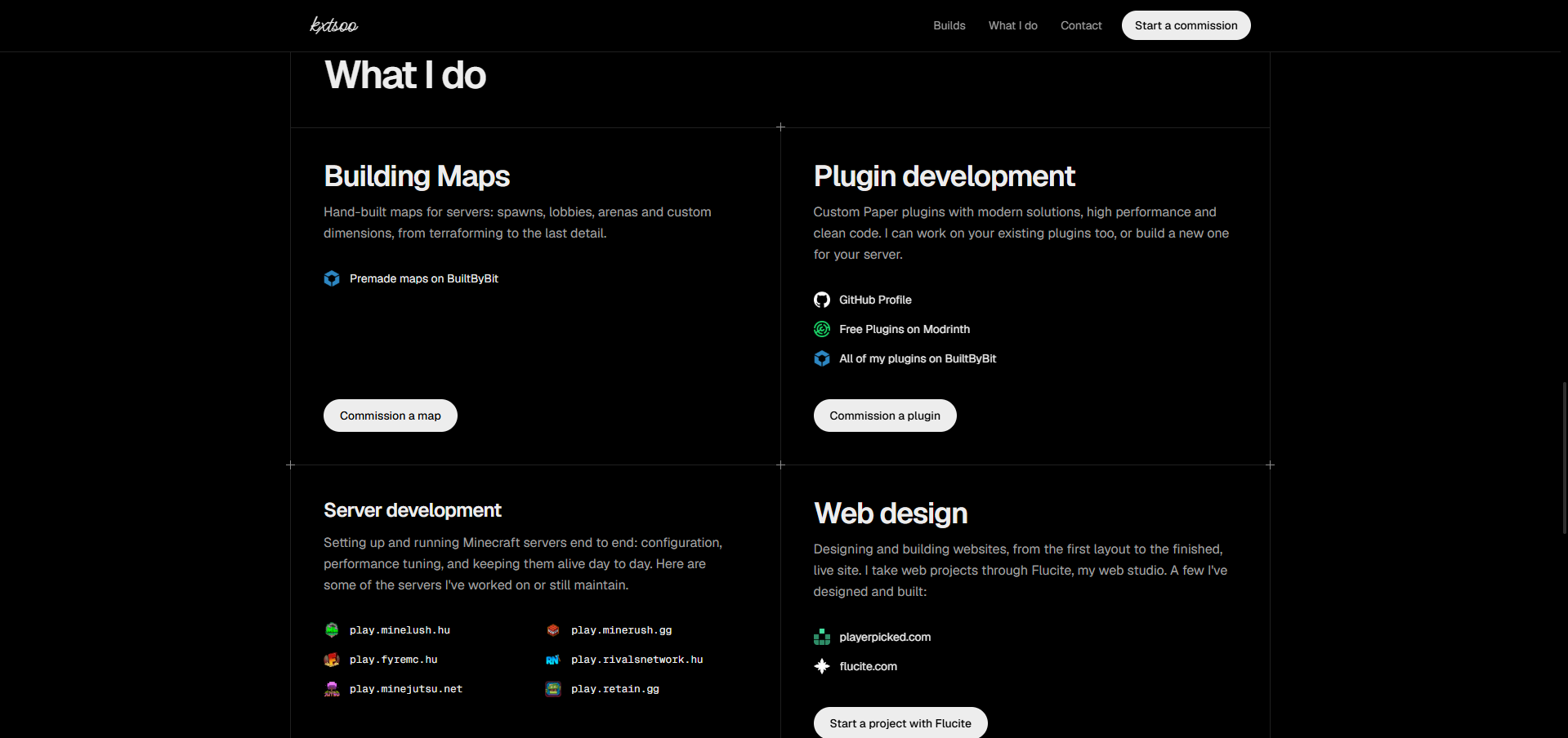 The "What I do" section with maps, plugins, servers and web design cards