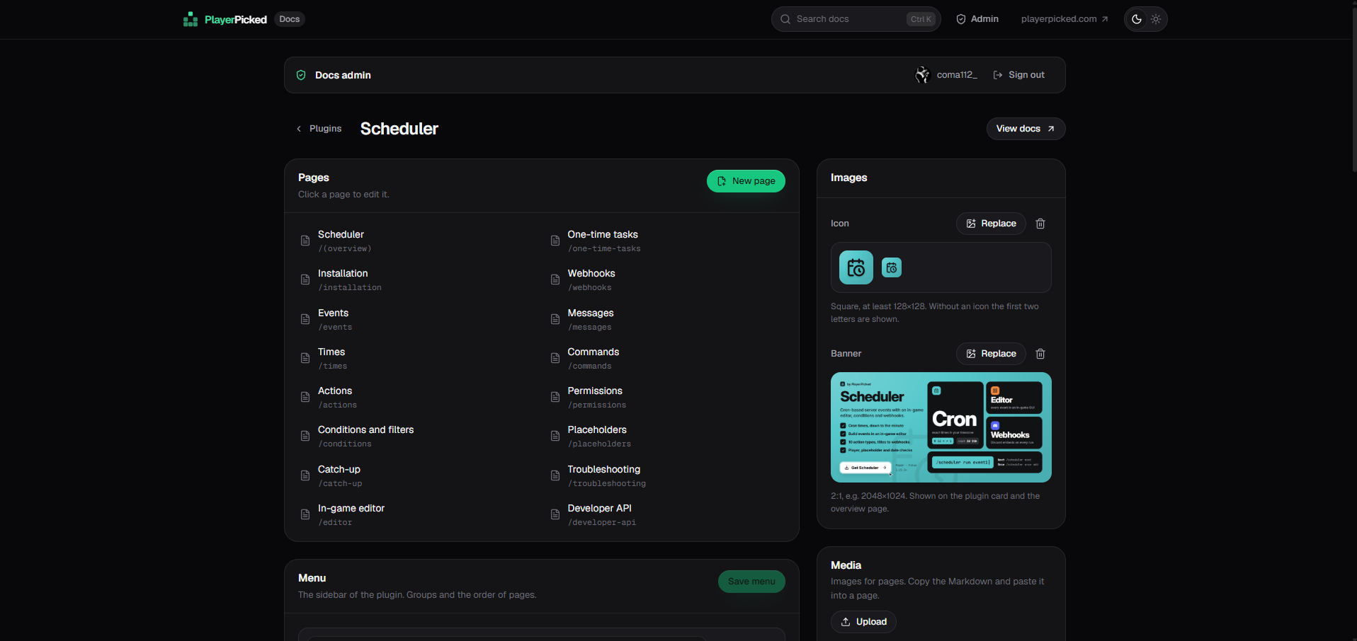 The admin panel with the page list, icon and banner editor and media upload
