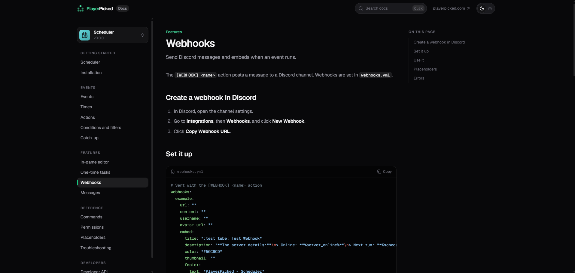 A docs page with sidebar navigation, a highlighted webhooks.yml example and an "On this page" outline