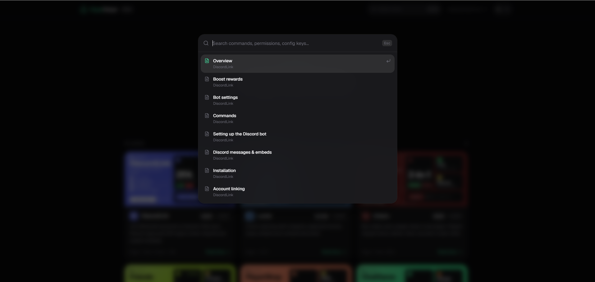 The Ctrl+K search dialog listing DiscordLink pages