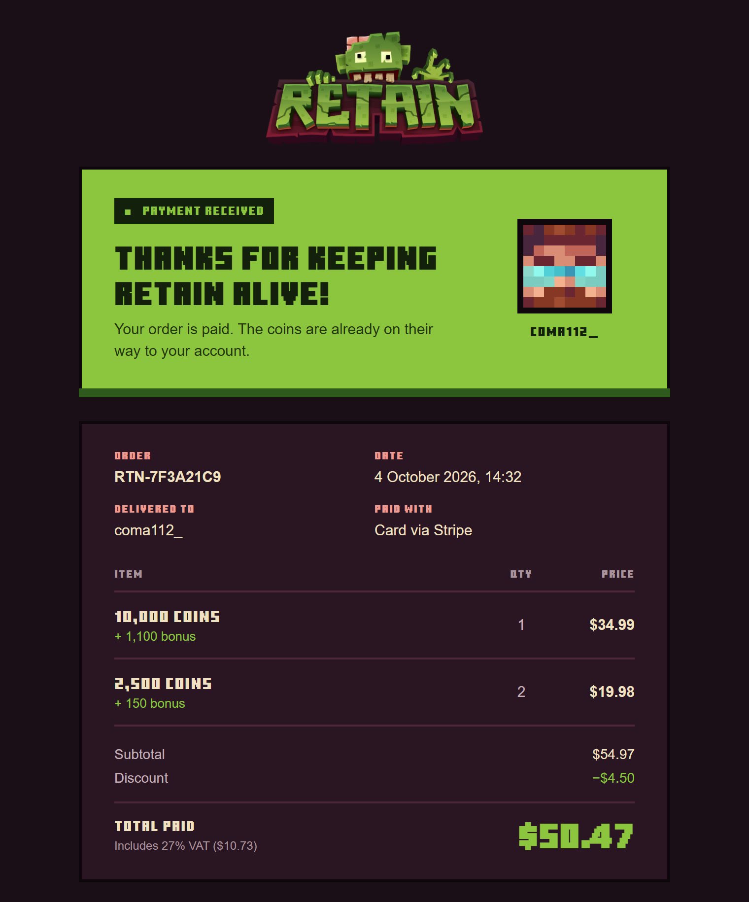 Branded receipt email with order details and total paid