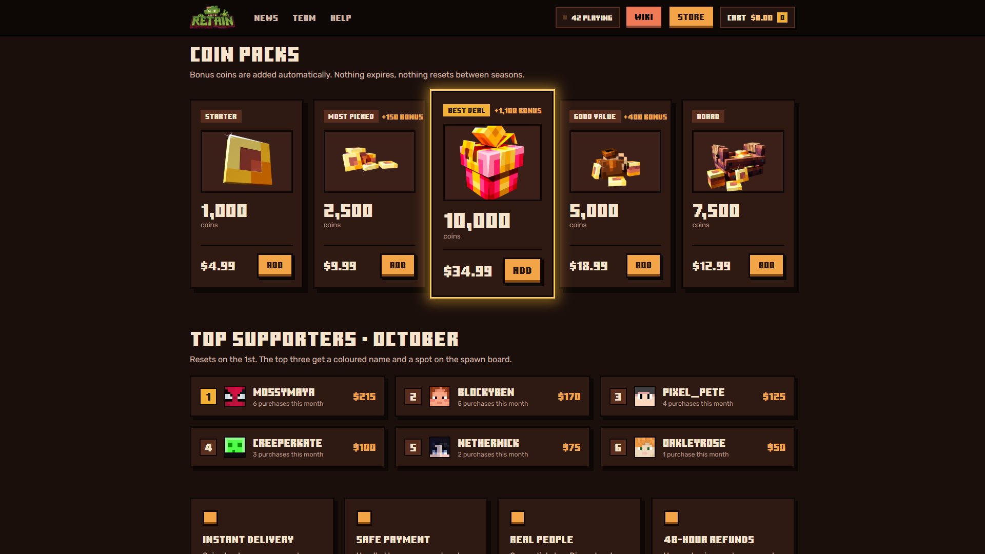 Retain coin store with five coin packs and the monthly top supporters